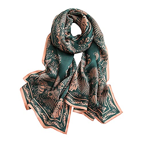 ANDANTINO 100% Silk Long Scarf-Women Large Oblong Shawls with Gift Packed - color: Green&pink Leaves