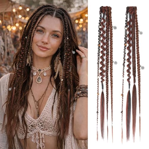 REECHO Clip in Braids for Women, 16" Boho Dreadlock Clip in Braids with Beads & Charms, 2PCS Synthetic Braided Hairpieces for Music Festival Season Cosplay Daily, Dark Auburn Brown Mix - color: Dark Auburn Brown Mix, size: 16 Inch