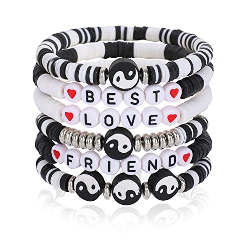 Colorful Heishi Surfer Bracelets Set for Women Stackable Clay Beaded Bracelets Disc Stretch Preppy Bracelets Smiley Face Friendship Bracelets Team Cheer Bulk Boho Summer Beach Jewelry Gift - color: YinYang Beads