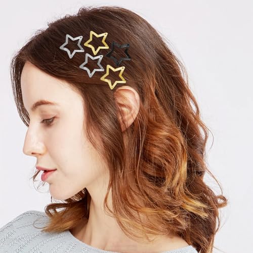 Star Hair Clips 2000s Y2K Snap Hair Barrettes Non Slip Star Hair Accessories Black Gold Silver Metal Hair Clips for Girls Women -15 PCS 1.18" - color: 50 P - 1.18"-black,gold,silver