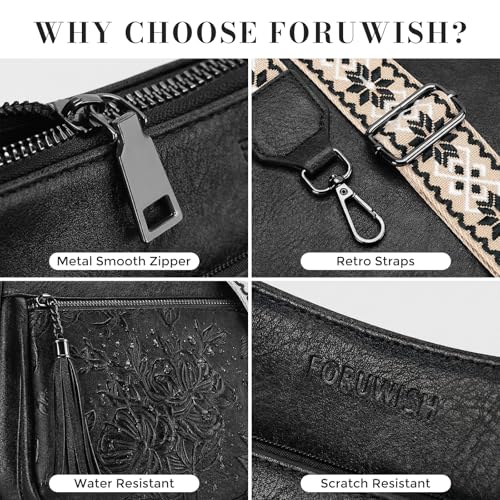 Crossbody Bags for Women, Vegan Leather Medium Crossbody Purse, Spacious Daily Travel Shoulder Bag with Boho Strap - color: Black Silver