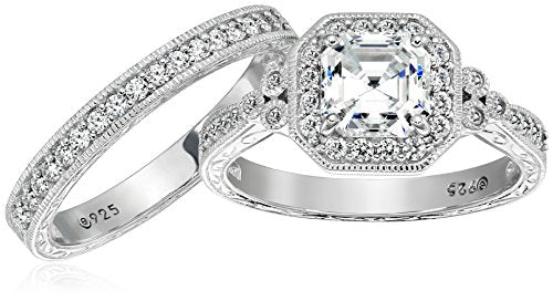 Amazon Essentials Platinum or Gold Plated Sterling Silver Antique Ring set with Asscher-Cut Infinite Elements Cubic Zirconia - color: White Zircon/Platinum, size: 9