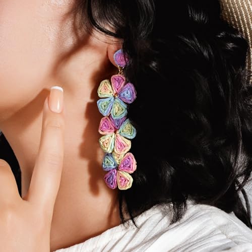 Boho Flower Earrings Statement Raffia Dangle Earrings Cute Floral Jewelry Trendy Summer Beach Vacation Outfits for Women - color: Colorful-2