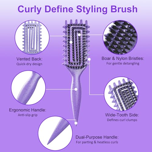 2-Pack Curly Hair Brush, Curl Defining Brush with Soft Boar Bristles Detangling Tangled Glides, Wide-Teeth Design Effortlessly Shaping & Defining Curls, Curling Definer for Wet & Dry Hair(Pink Purple) - color: Pink Purple