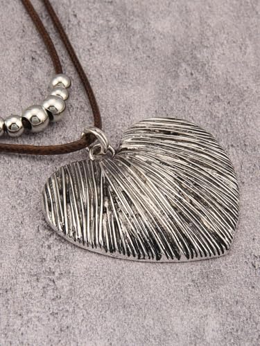 GelConnie Boho Necklaces for Women Cowgirl Necklace Stone Leather Cord Pendant Necklaces With Beads Long vintage Layered Choker Necklace - style: Heart Silver Necklace