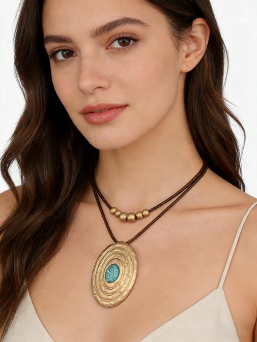 Boho Necklaces for Women Chunky Circle Necklace Layered Boho Circle Leather Choker Necklace Long Vintage Necklaces Bohemian Jewlery Gifts - style: Boho Choker Necklace