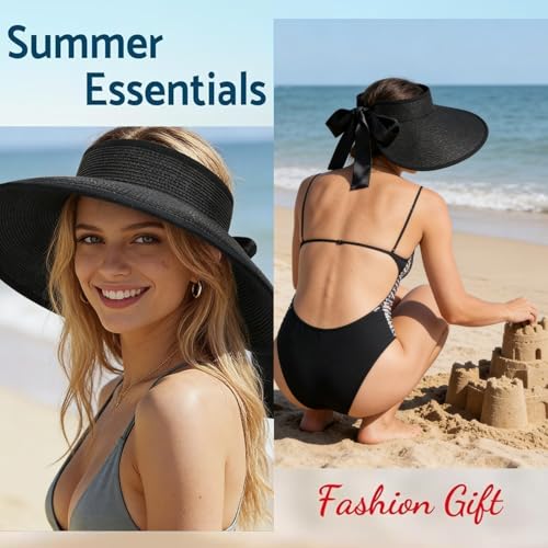 Women's Sun Visor Hats Wide Brim Beach Hat Straw Ponytail Visor Packable Foldable UPF 50+ Floppy Travel Hats - color: Black01