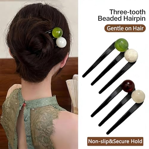 6 Pcs U Shaped French Hair Pin, Elegant Brown Green White Black Pearl 3-Fork Clips for Buns Hairstyle Holder Updo, Hair Forks for Women for Daily Use Accessory Thin and Thick Head decorative