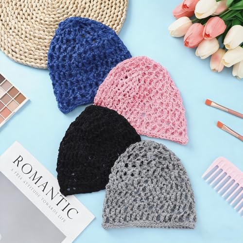 Geyoga 4 Pieces Mesh Crochet Hair Net Rayon Knit Snood Hat Thick Short Women Hairnet Snoods Cover Ornament for Sleeping(Black, Pink, Gray, Blue) - color: Black, Pink, Gray, Blue