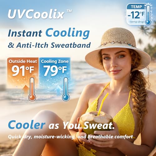 TOP-EX chicpony™ Cooling UPF 50+ Wide Brim Beach Hand Crochet Straw Hat - color: Khaki Shell, size: Medium