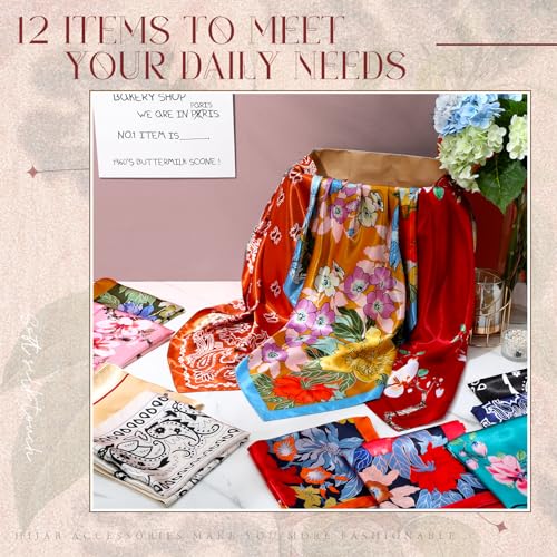 Hicarer 12 Pcs 35 Inch Satin Head Scarf Square Silk Like Neck Scarf Large Hair Scarf Silk Lightweight Hair Wrapping for Women - color: Bohemian Floral Style