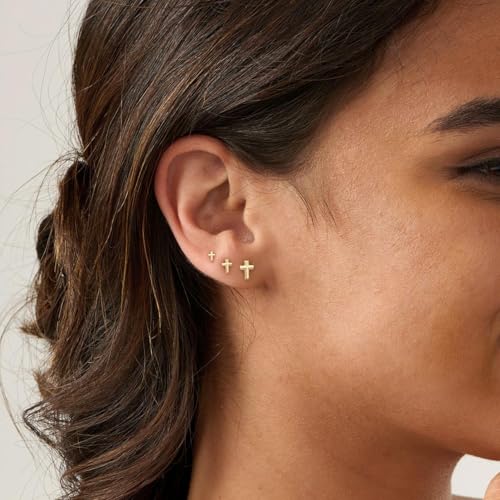 3 Pair Tiny Flat Back Earrings for Women - 14K Gold/White Gold Plated Dainty Cute Small Screw Flatback Stud Earring, Everyday Wear Gift - color: Cross Flat-4/5/6mm Gold