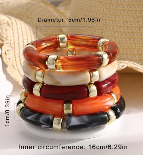 iF YOU 6pcs Chunky Acrylic Bangle Bracelets for Women, Resin Bamboo Brown Stretchy Bracelet Stack, Fashion Jewelry for Women - color: 5pcs-orange & red & brown bangles