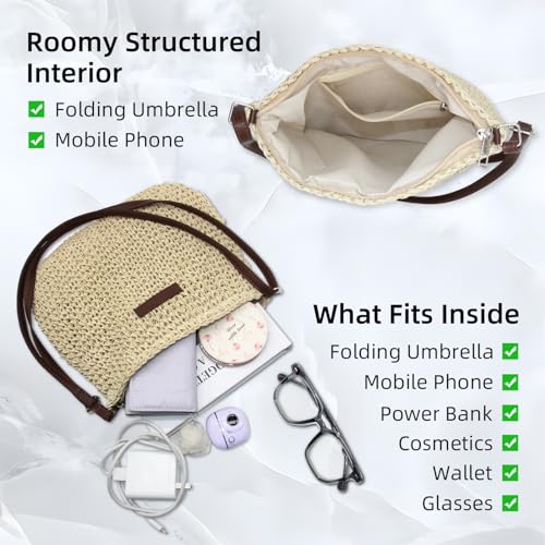 Straw Bag for Women Small Summer Beach Crossbody Bag Boho Handmade Weave Shoulder Handbags Purse for Vacation Travel - color: Beige