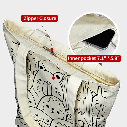 itgowisa Canvas Tote Bag for Women, Tote Bag with Zipper Inner Pocket, Zippered Canvas Bag for Shopping Work Grocery Everyday - style: Groundhog