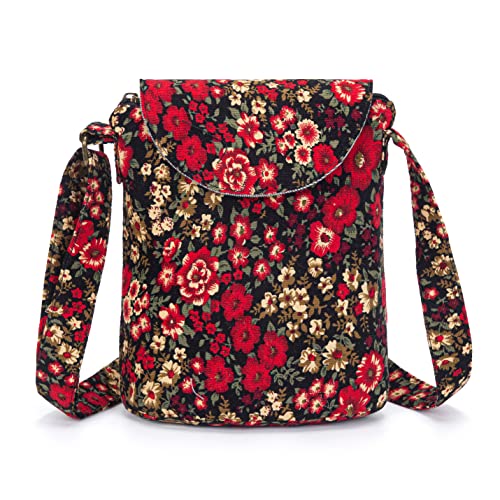 OPQRSTU Women's Retro Small Size Canvas Shoulder Bag Hippie Boho Crossbody Handbag - color: Corduroy Red Black