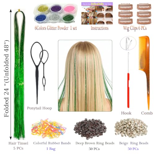 Celinebella Forest Green Hair Tinsel, 48" 1250 Strands Emerald Shimmer | Rich emerald forest green tone, festive shimmer, heat resistant, for St. Patricks Day spring outdoor events - color: 11-Emerald Glimmer, size: 48 Inch Pack of 5Pcs