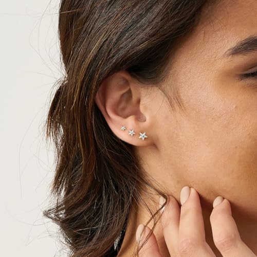 3 Pair Tiny Flat Back Earrings for Women - 14K Gold/White Gold Plated Dainty Cute Small Screw Flatback Stud Earring, Everyday Wear Gift - color: Star Flat-4/5/6mm Silver