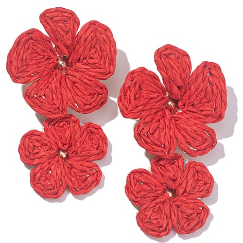 Boho Flower Earrings Statement Raffia Dangle Earrings Cute Floral Jewelry Trendy Summer Beach Vacation Outfits for Women - color: Red