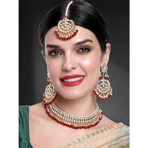Aheli Faux Kundan Beaded Necklace Earrings Maang Tikka Indian Bollywood Ethnic Jewelry Set Gift for Women - color: Maroon