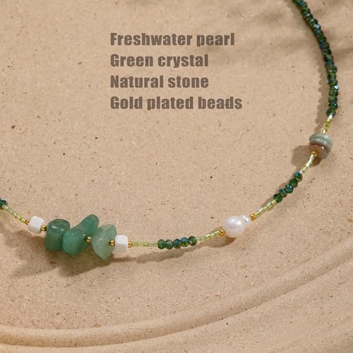 Turquoise Choker Necklace for Women, Western Crystal Bead & Pearl Necklace with Adjustable Chain Natural Stone Energy Jewelry, Boho Beaded Choker for Gifts - color: Green Aventurine