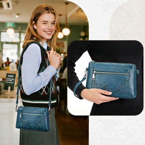 MEITRUE Wristlet Wallet Small Crossbody Bags for Women Clutch Purse Leather Phone Purse with Adjustable & Detachable Strap - color: A6-peacock Blue-179
