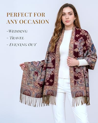 Achillea Elegant Paisley Floral Pashmina Shawl and Wrap – Boho Rave Scarf for Festival, Travel & Everyday Wear - color: Wine Blue
