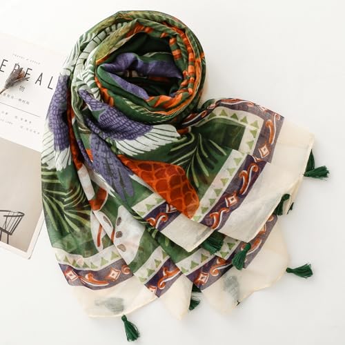 WaJuemy Travel Boho Scarf for Women Casual Lightweight Pashmina Scarves Fashion Multicolor Shawl Wraps with Fringed Beads - color: 62 Green Bird