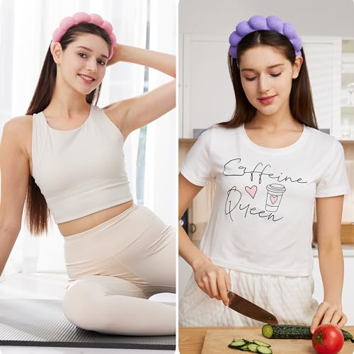 Spa Facial Headbands Combo Pack - 2 Terry Cloth Makeup Headbands for Face Washing, Masks, and Skin Treatments (Pink + Purple) - color: Pink + Purple