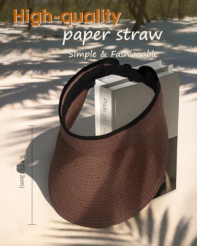 Senker Fashion Sun Hats Visor for Women, Straw Beach Hat Adjustable Wide Brim Ponytail Packable for Summer Travel UPF 50+ - color: Brown