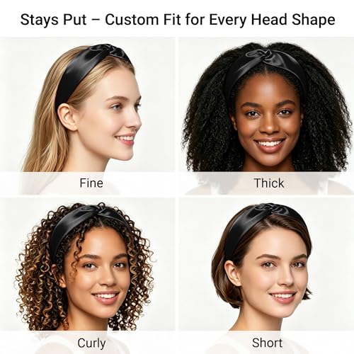ZLYC Mulberry Silk Headband Elastic Twist Knotted Head Bands for Women's Hair, Solid Black - color: Solid Black