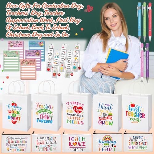 25 Pcs Teachers Appreciation Gift for Women Teacher Kraft Paper Bags Makeup Bags Sticky Notes Ballpoint Pens and Bookmarks Graduation Gifts for Tutor Appreciation Week Gift Sets Bulk - style: White
