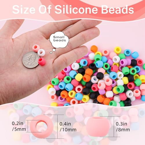 150Pcs 10mm Small Silicone Beads for Hair Braids, Soft Jellyish Pony Hair Beads with 5mm Hole + 50 Rubber Bands and 1 Beader for Braiding, DIY Bracelets Necklaces Crafts (Multicolors) - color: Multicolor-150Pcs