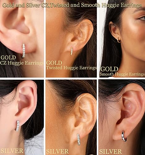 Cocadant 6 Pairs 925 Sterling Silver Small Hoop Earrings for Women,14k Real Gold Hypoallergenic Tiny Cubic Zirconia Cartilage Huggie Earring Sets for Multiple Piercing Trendy Jewelry 8/10/12mm - color: 3 Pairs Gold and Silver CZ+Smooth+Twisted Huggie Earr