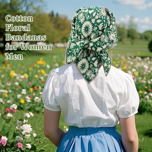Floral Bandanas for Women Men, 27" x 27" Large Cotton Bandana Headband Head Wraps Hair Scarf for Beach Camping - color: Green Floral-gerbera