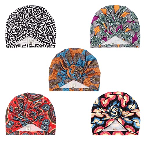 DRESHOW 5 Pack Knotted Headwraps for Women African Turban Pre-Knotted Beanie Headwraps Hair Covers - color: 5 Pack Knotted Flower a