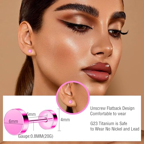 ZDE Women Earrings Flat Back Dot Earrings Titanium Hypoallergenic Cartilage Non-Nickel Earrings Studs for Sensitive Ears Simple Classic 3mm/4mm/5mm/6mm Screw On Stud Earring - color: Pink, size: 6MM