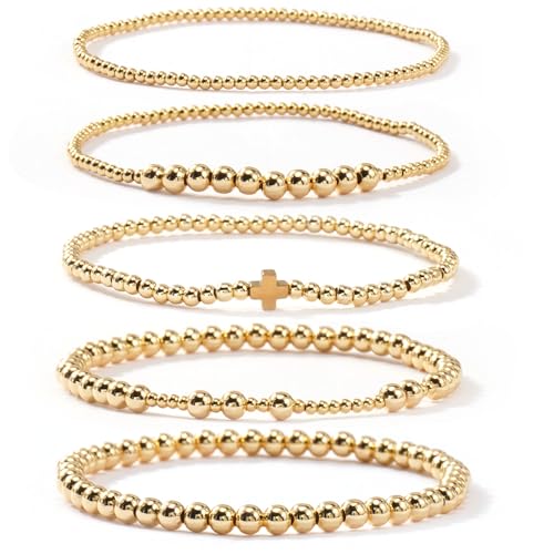 14K Gold Plated Beaded Bracelets Stack Set for Women,Stretch Boho Colorful Beads Ball Jewelry Friendship Summer Trendy - color: Gold