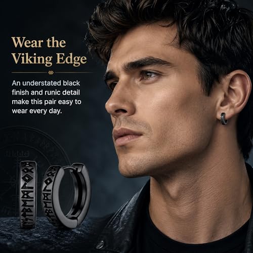 Viking Rune Hoop Earrings for Men, Black Stainless Steel Norse Amulet, Engraved Huggie Earrings, Mythological Warrior Jewelry