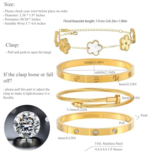Womens Stackable Floral Gold Bracelets - 4Pcs 18K Gold Plated Bracelet,Stainless Steel Bangle Bracelets Non Tarnish, Gold Bracelet Set Trendy Jewelry,Christmas Valentines Birthday Gifts for Girlfriend - color: Bracelets Stack 4Sets (Floral White+Gold Brac