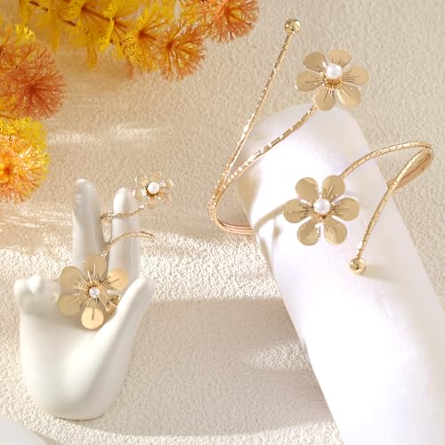Gold Arm Cuff with Ring, 2 Pcs Open Upper Arm Bracelet and Ring with Rhinestones, Adjustable Metal Armband Jewelry Set - color: Flower