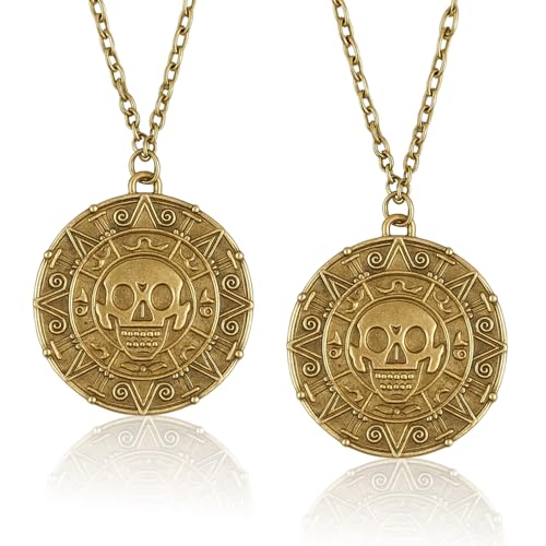 2 PCS Pirate Skull Coin Necklace, Medallion Coin Skull Necklace for Pirate Party Cosplay, Pirates of Halloween Costume Accessories for Women & Men
