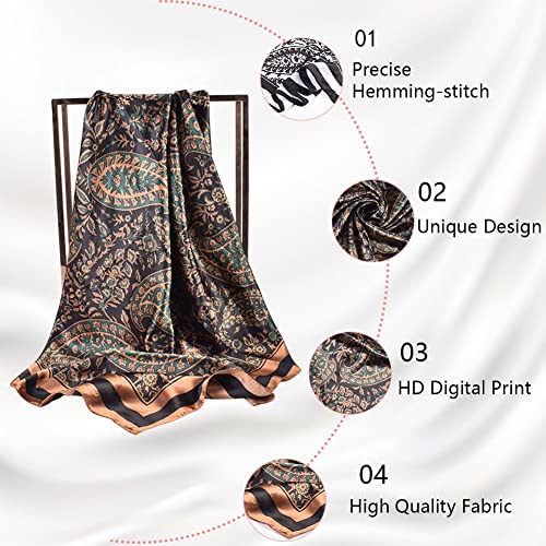 4Pcs Silk Head Scarves for Women Satin Hair Scarf 35”Large Square Bandana Silk Like Neck Scarf Shawl - color: Blue/Coffee/Beige/Black