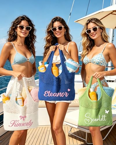 Personalized Embroidered Beach Bag for Women, Knit Mesh Beach Tote Bag | Custom Reusable Summer Bags, Sandproof Shoulder Tote, Travel Vacation Wedding Bachelorette Party Bridesmaid Mother Gifts