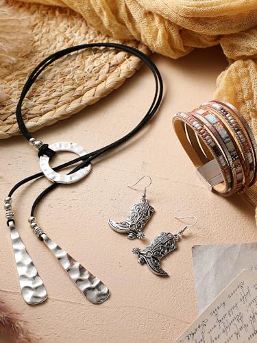 Inbagi 3 Pcs Western Jewelry for Women Bohemian Turquoise Jewelry Set Women Country Pendant Long Choker Layered Bracelets Earrings - color: Silver, style: Cowgirl