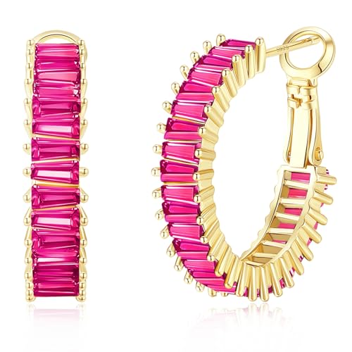 Trendy 14K Gold Plated Hoop Earrings for Women, Chunky Gold/Silver Earrings for Women Cubic Zirconia Baguette Hoop Earrings Heart Hoops Lightweight Hypoallergenic Jewelry,25mm/35mm/40mm/50mm - color: 00 Gold Hot Pink Hoops 25mm