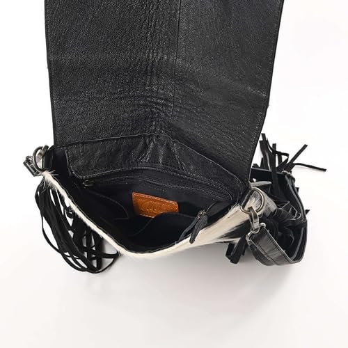 Merbaa Sunset Star Crossbody Bag - Real Cowhide Hairon Women's Handbag with Leather Fringes - color: Black