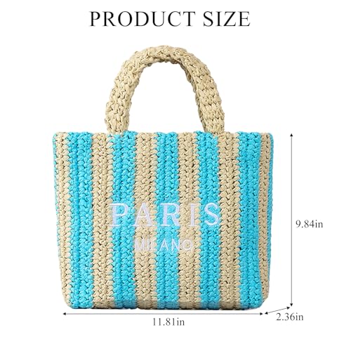 Straw Beach Bag for Women Summer Woven Tote Bag Packable Straw Purses and Handbags for Vacation Holiday - color: S-blue