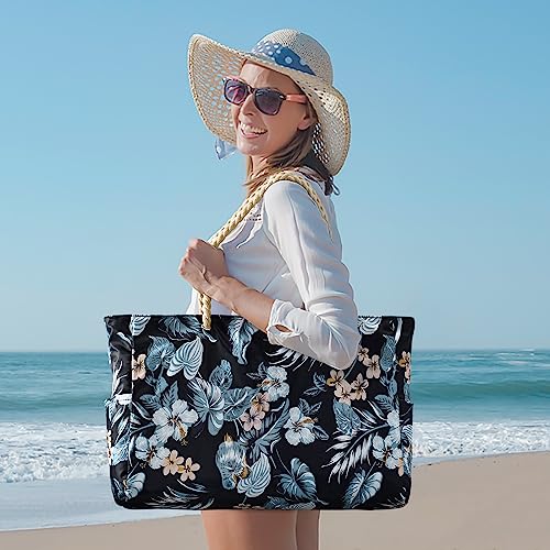 Becokan Beach Bag Large Beach Tote Bag for Women Waterproof Sandproof Swim Pool Bag With Zipper - color: Black Flower