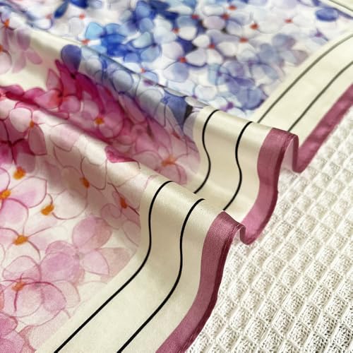 FONYVE 100% Mulberry Silk Scarfs for Women-Lightweight Square Satin Head Scarf-Small Silk Hair Scarf for Sleeping 21"x21" - color: 19 Pink & Purple Flower